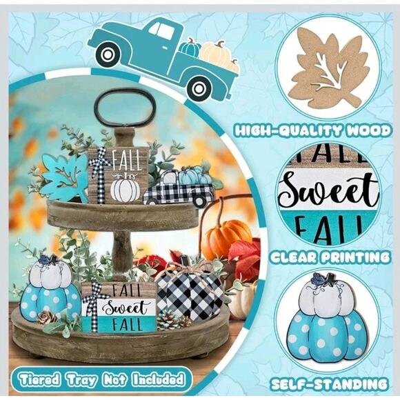 Guoofu Blue Fall Tiered Tray Decor, 6PCS Pumpkin Farmhouse Tray Decorations,... - Picture 4 of 7